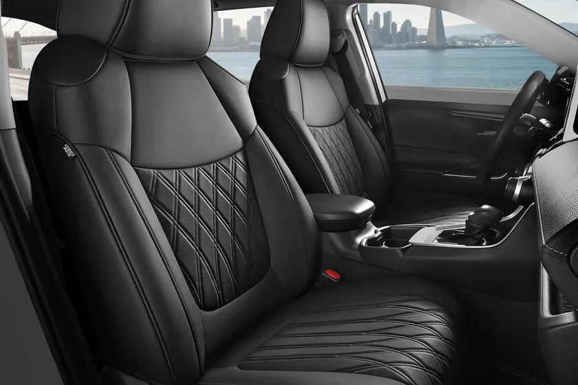 FREESOO custom leather full coverage seat covers installed on the seats of a Toyota RAV4