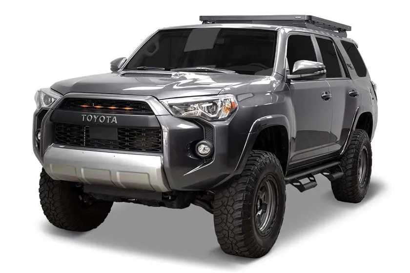 Front Runner Slimline II three quarter length aluminum roof rack tray with mounting feet for a fifth generation Toyota 4Runner