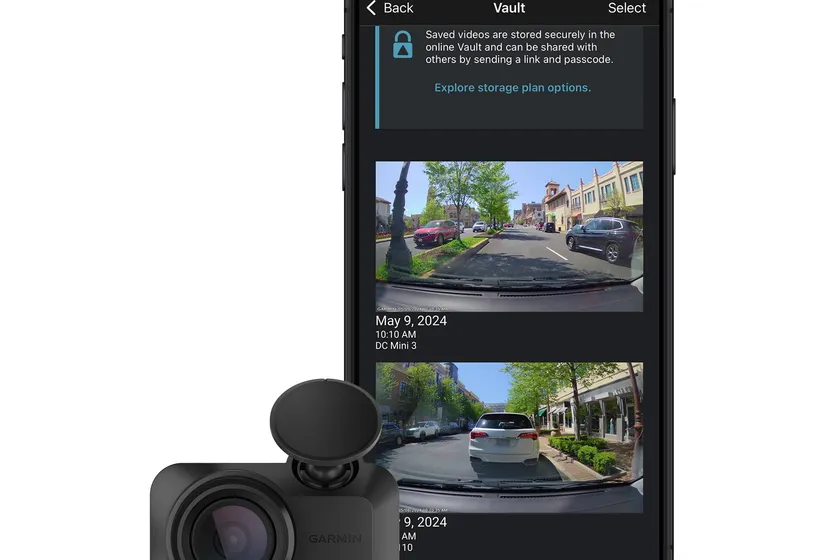 Garmin Dash Cam Mini 3 ultracompact 1080p dash cam next to a car key for scale