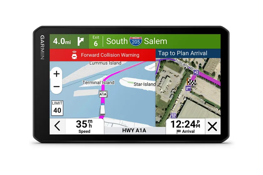 Garmin dezlCam OTR725 7 inch truck GPS navigator with built-in dash cam showing a route screen