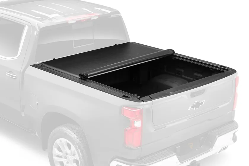 Gator ETX soft roll up tonneau cover with low-profile vinyl top installed on a Chevy Silverado 1500 bed