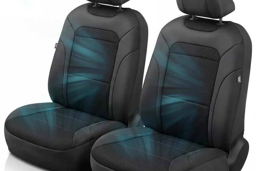 Black GIANT PANDA breathable air cool mesh seat cover with faux leather back panel fitted to a Subaru front seat
