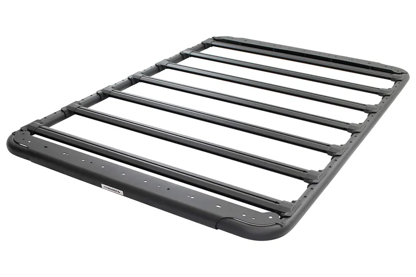 Go Rhino SRM 500 textured black aluminum roof rack platform with integrated tie-down channels and mounting clamps