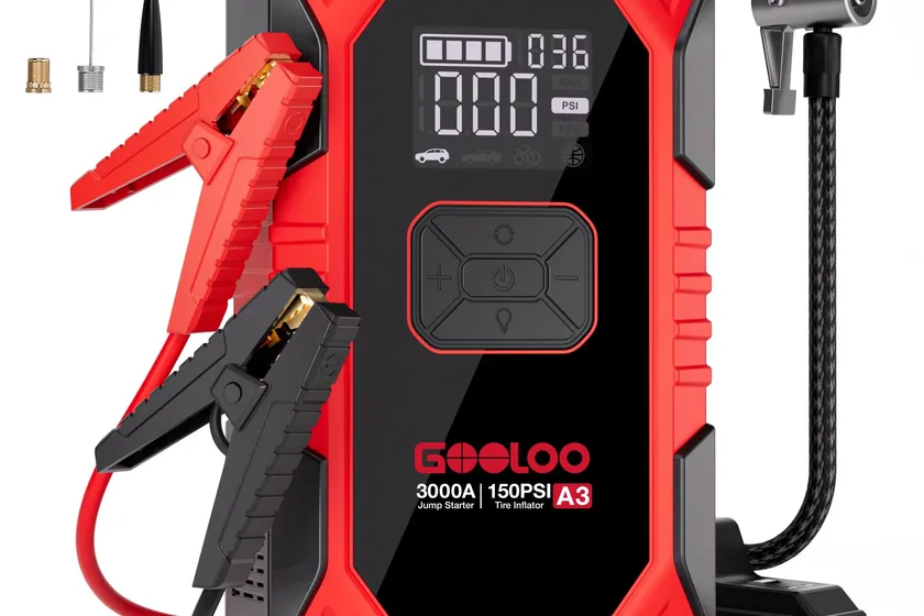 GOOLOO A3 black jump starter box with built-in tire inflator hose, digital display and battery clamps