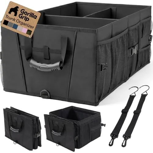 Gorilla Grip black trunk organizer fully extended into two compartments with mesh outer pockets