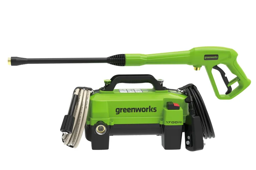 Greenworks green and black 1700 PSI electric pressure washer with carry handle, coiled hose and spray gun with adjustable wand
