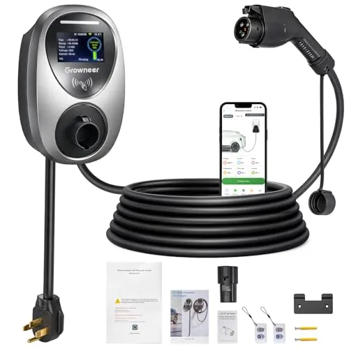GROWNEER black portable Level 2 EV charger on a wall bracket with an LCD screen, J1772 connector and Tesla adapter