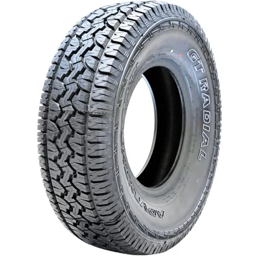 GT Radial Adventuro AT3 tire standing upright, showing its S-shaped central rib, interlocked tread blocks and outlined white lettering