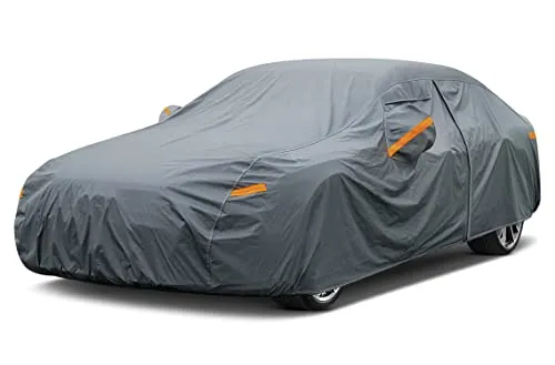 GUNHYI 16 layer car cover on a full-size sedan showing the vent panel, mirror pocket and front wind strap