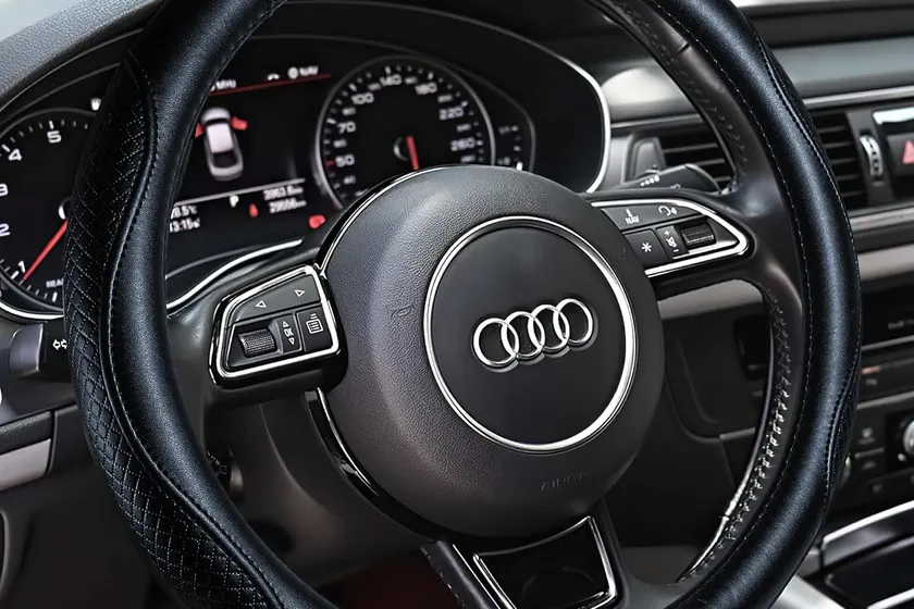Haokay black pure cowhide genuine leather steering wheel cover with contrast stitching