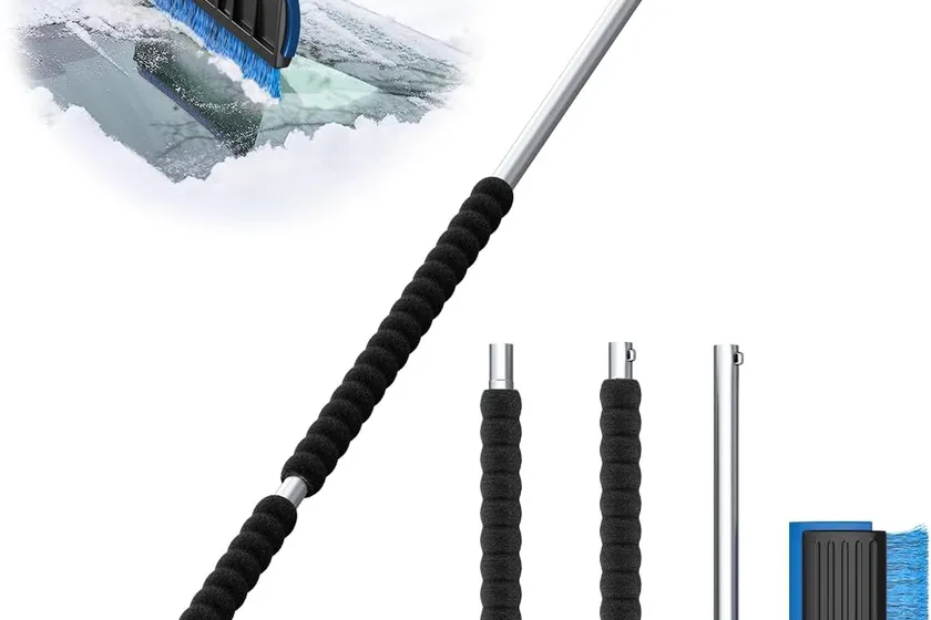 Blue helloleiboo 55.7 inch extendable snow brush with a rotating head, ice scraper and snow shovel attachment
