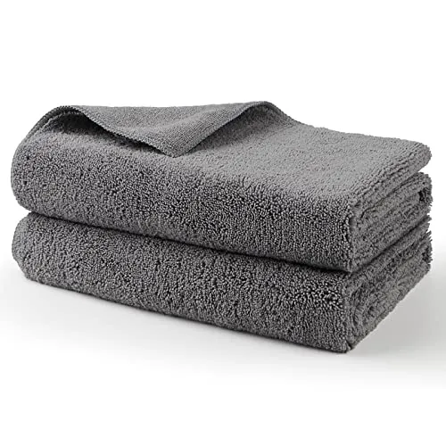 Two folded grey HOMEXCEL microfiber car drying towels measuring 31 by 24 inches each