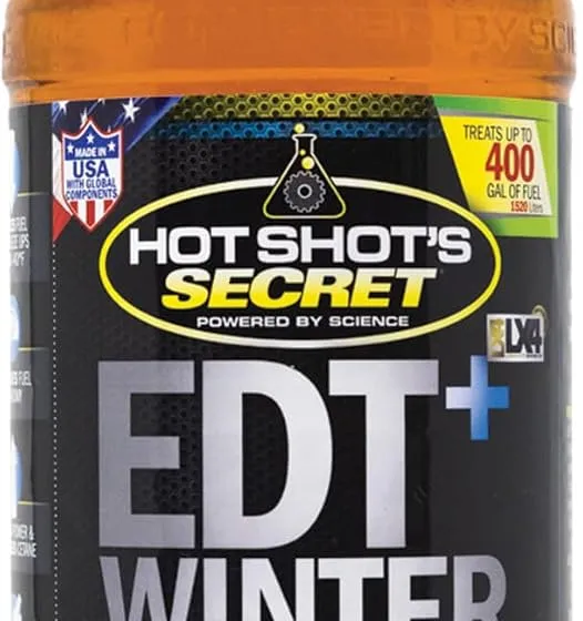 Hot Shot's Secret EDT+ Winter Defense 32 fl oz diesel fuel additive bottle with a blue winter label