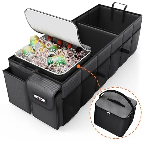 HOTOR black trunk organizer with three compartments and its detachable insulated cooler bag beside it