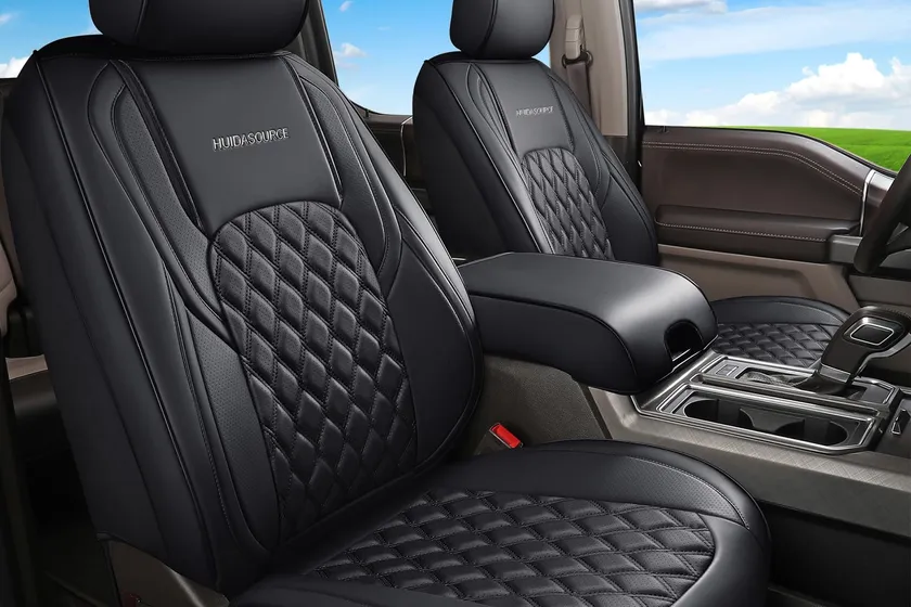 Huidasource thickened Nappa faux leather full set seat covers in black for a Chevy Silverado crew cab