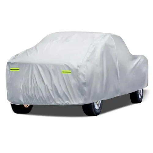 iautaxesoriz silver size T4 truck cover stretched over a full-size pickup with reflective stripes down the bed side