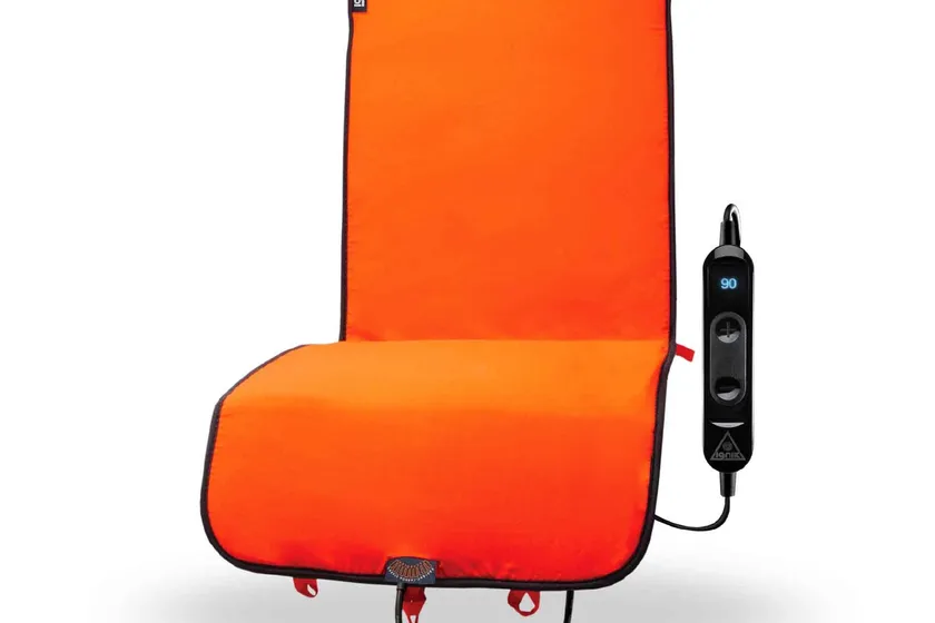 Orange and blue Ignik Backside twelve volt powered heated seat pad in extra large size