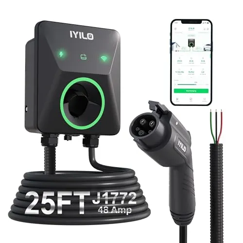 IYILO black hardwired Level 2 EV charger with a compact body, holster and 25 foot J1772 cable