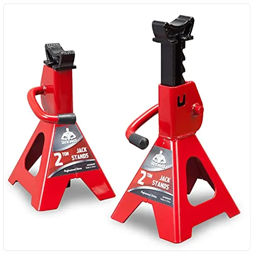Pair of red Jack Boss low profile 2 ton jack stands with concave top saddles and wide pyramid bases