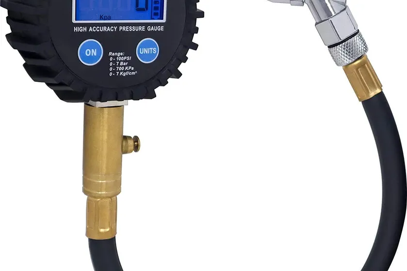 JACO ElitePro digital tire pressure gauge with a black and blue rubber sleeve and a large LCD readout