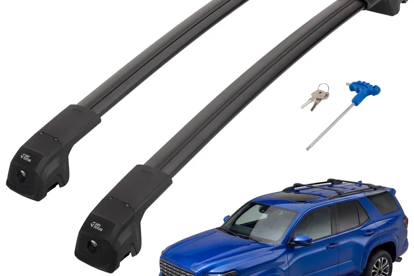 JOYTUTUS low profile aluminum cross bars with hidden tie-down points installed on a sixth generation Toyota 4Runner with raised side rails