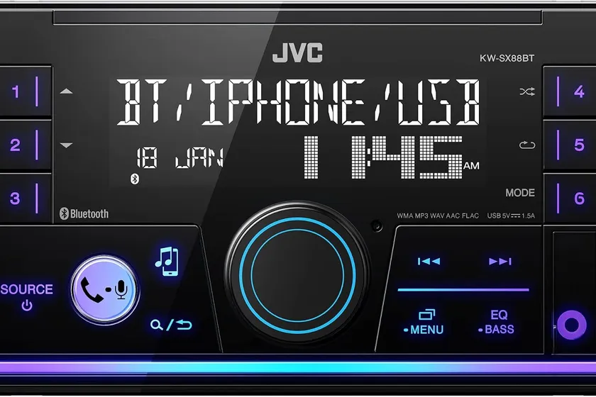 JVC KW-SX88BT double DIN car stereo with an LCD display, detachable face and illuminated buttons