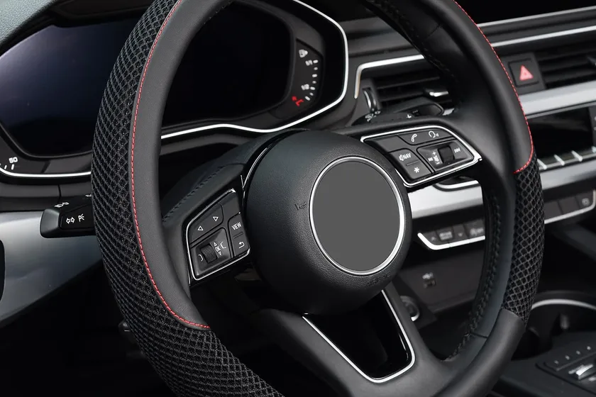 KAFEEK black steering wheel cover with breathable ice silk mesh panels on the grip areas