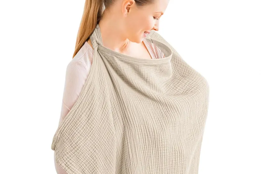 Konssy summer wheat muslin cotton multi-use cover shown as a nursing apron and infant car seat canopy