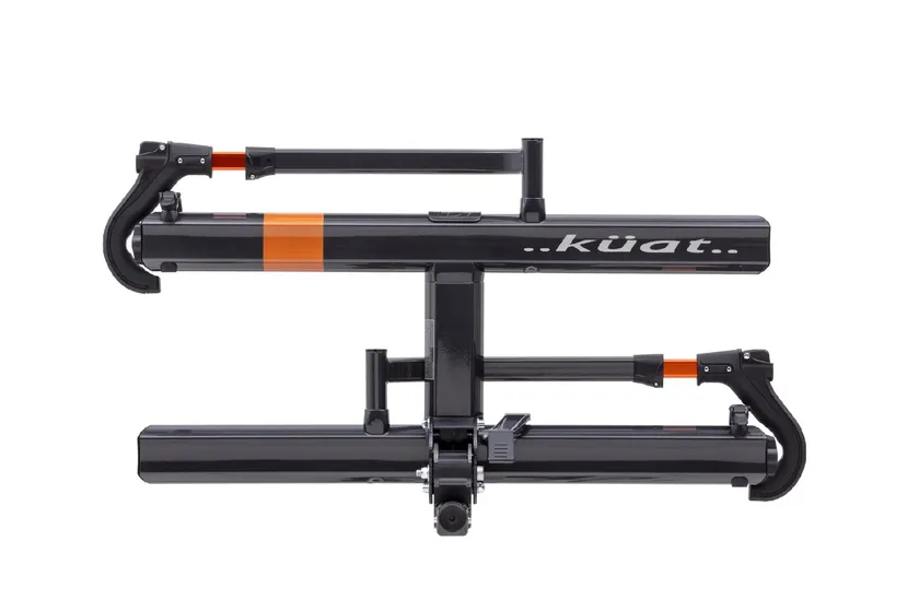Kuat Sherpa 2.0 gray metallic aluminum platform hitch bike rack with orange anodized tire cradles
