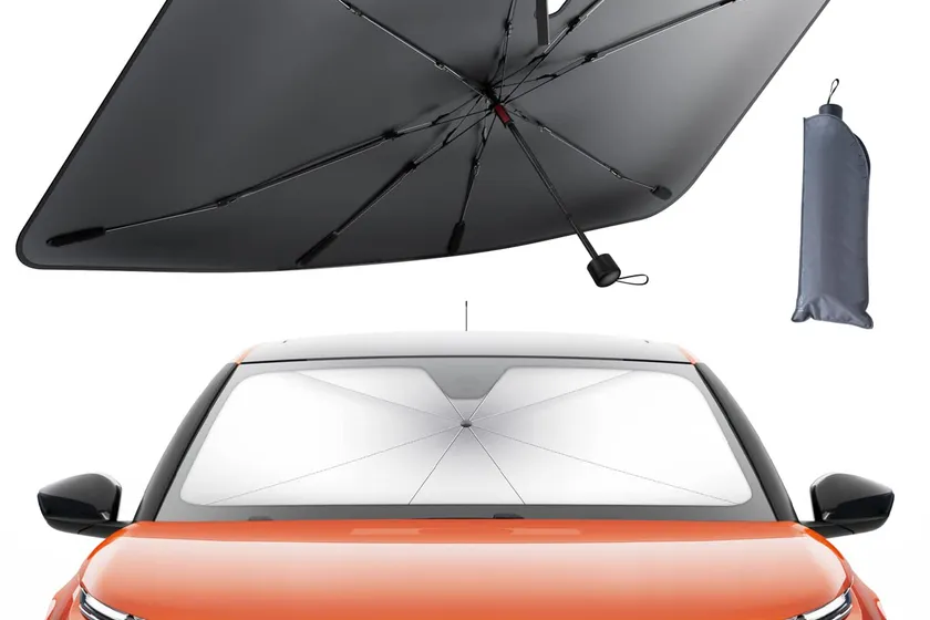 Lamicall umbrella-style windshield sun shade opened inside a car and shown collapsed into its slim sleeve