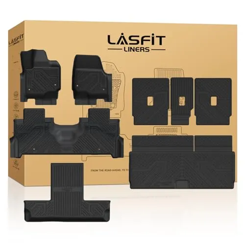 LASFIT black TPE floor mats, trunk mat and backrest mats laid out as a full set for a Ford Expedition