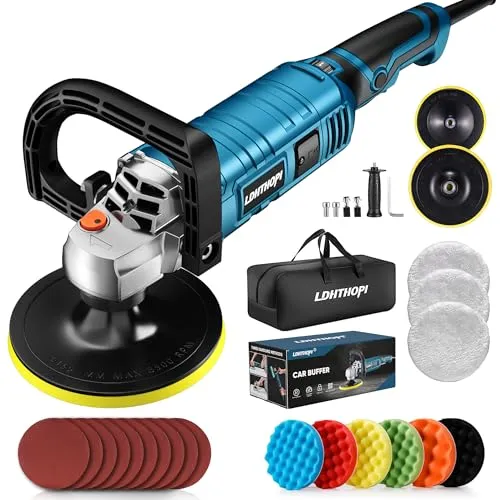 LDHTHOPI blue and black rotary buffer polisher with a detachable D handle, side handle and seven coloured polishing pads