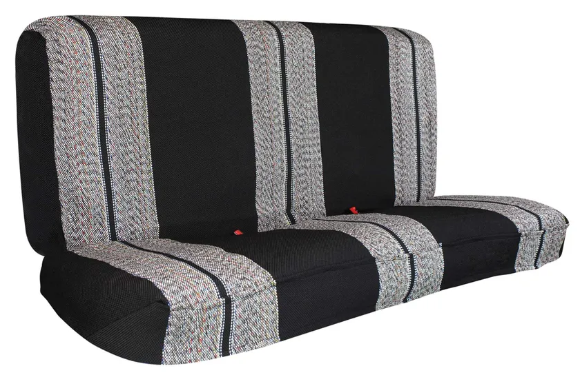 Leader Accessories black saddle blanket woven bench seat cover installed on a full size pickup truck bench