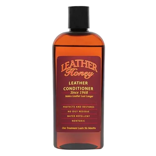 Leather Honey leather conditioner in an 8 fl oz bottle with a yellow label