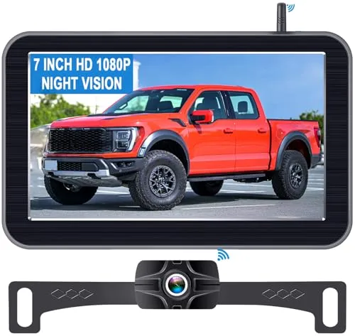 LeeKooLuu 7 inch backup camera monitor on a suction mount next to a black license plate camera