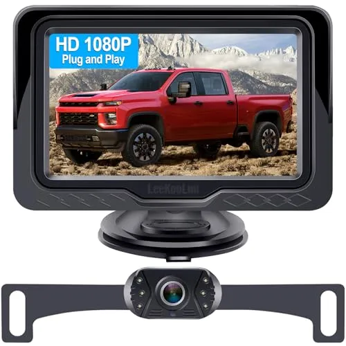 LeeKooLuu LKL-080 4.3 inch backup camera monitor on a rotating suction bracket with its wired rear camera