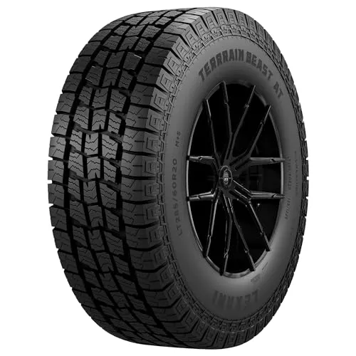 Lexani Terrain Beast AT tire showing angled tread blocks, open shoulders and a solid rib down the center