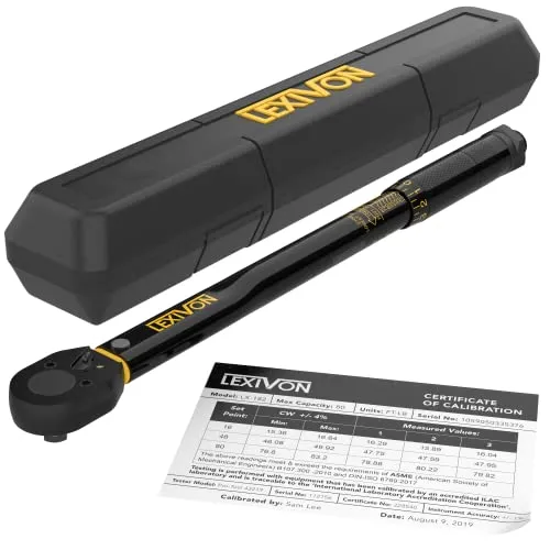 LEXIVON LX-182 three eighths inch drive click torque wrench with black finish and yellow printed torque scale