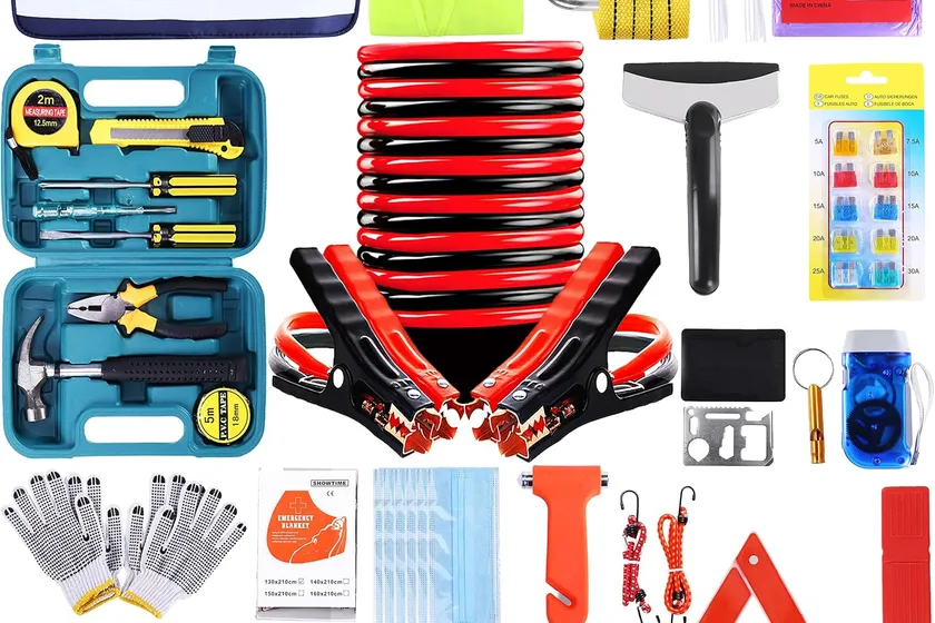 LIANXIN 142 piece roadside kit in its blue hard case with jumper cables, a snow shovel, a warning triangle and a small tool set