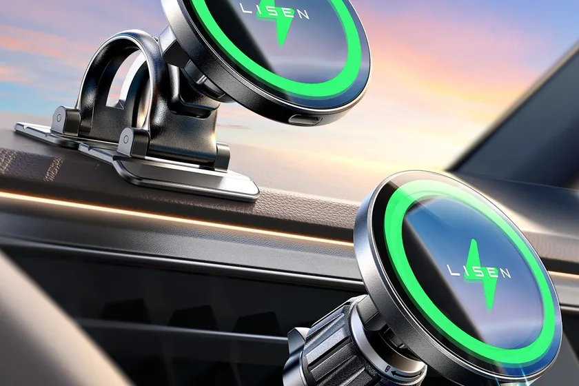 LISEN black magnetic wireless car charger shown with both a vent hook and a dashboard base