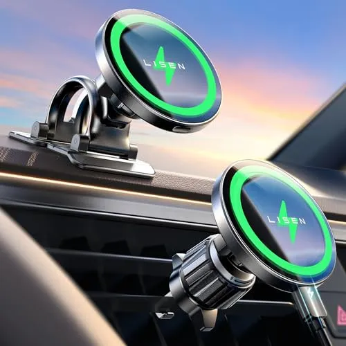 LISEN black gray magnetic car mount charger with an ice blue LED ring, a vent hook and a dashboard pad