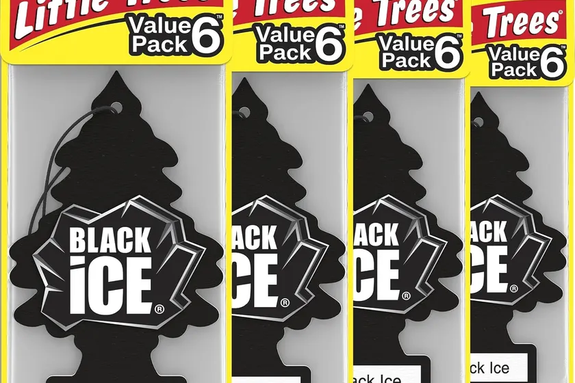 Stack of LITTLE TREES Black Ice hanging paper tree air fresheners in their sealed sleeves
