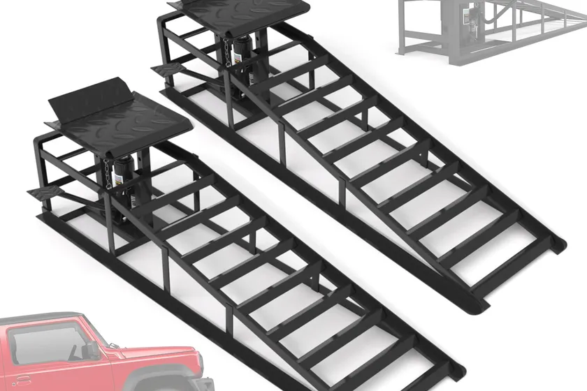 Pair of black LOCKIETTA steel hydraulic car ramps with a foot pedal pump and adjustable lift platform