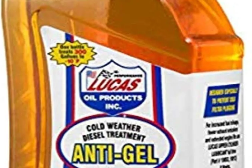 Lucas Oil 10866 Anti-Gel Cold Weather Diesel Additive 64 fl oz white jug with a red and green label