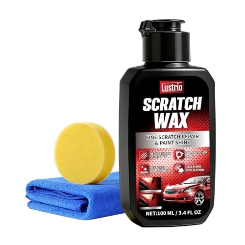 LUSTRIO Car Scratch and Swirl Remover 3.4 oz bottle with its yellow buffer pad and microfiber towel
