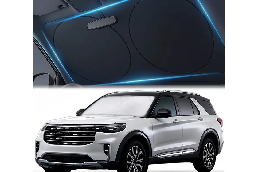 Magnelex large double-layer windshield sunshade folded and unfolded, showing the silver reflective outer face