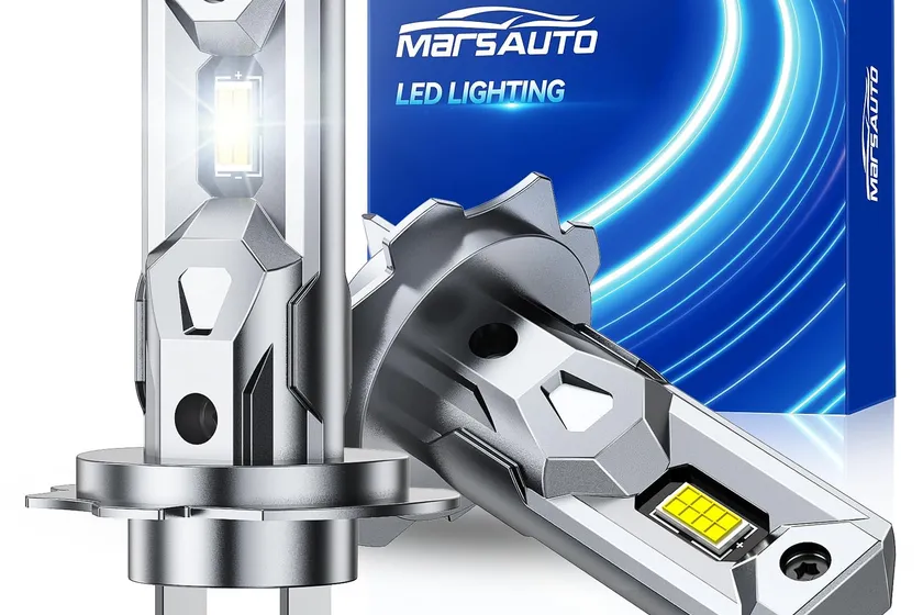 Marsauto H7 LED bulb pair with slim aluminum bodies and a compact base sized to match a factory halogen bulb