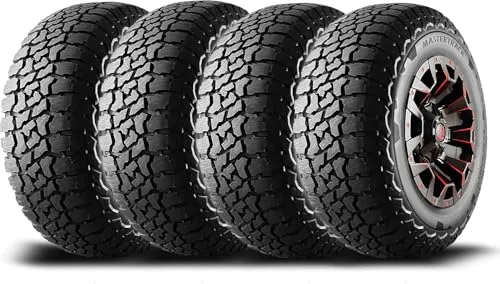 Mastertrack Badlands AT all terrain tire standing upright, showing its deep circumferential grooves, chunky shoulder blocks and black sidewall
