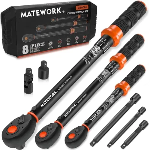 Matework eight piece torque wrench set with quarter inch, three eighths and half inch wrenches plus extension bars in a case
