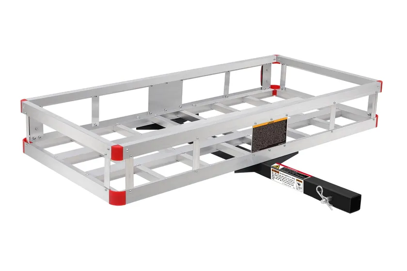 MaxxHaul 70108 grey aluminum hitch cargo carrier with high side rails and a slotted floor